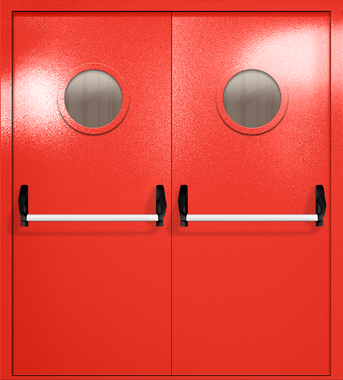 Двупольная дверь ei-60 с круглыми стеклами и ручками «антипаника» (цвет красный RAL 3020) Двупольная дверь ei-60 с круглыми стеклами и ручками «антипаника» (цвет красный RAL 3020)
