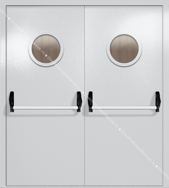 Двупольная дверь ei-60 с круглыми стеклами и ручками «антипаника» (цвет светло-серый RAL 7047)