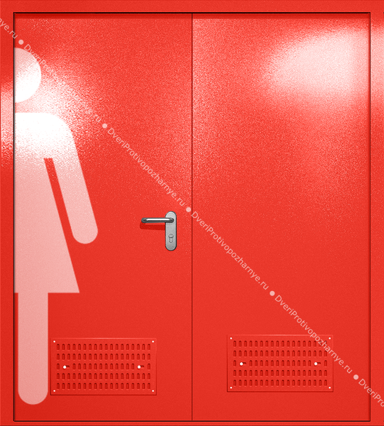 Двупольная глухая дверь ei-60 с обозначением санузла и вентиляцией (цвет красный RAL 3020) Двупольная глухая дверь ei-60 с обозначением санузла и вентиляцией (цвет красный RAL 3020)