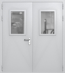 Двупольная дверь ei-60 со стеклами 600x400 и ручками хром (цвет светло-серый RAL 7047)