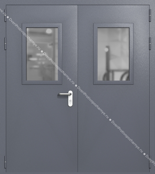 Двупольная дверь ei-60 со стеклами 600x400 и ручками хром (цвет темно-серый RAL 7015)