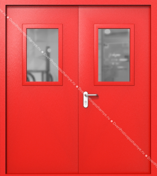 Двупольная дверь ei-60 со стеклами 600x400 и ручками хром (цвет красный RAL 3020)
