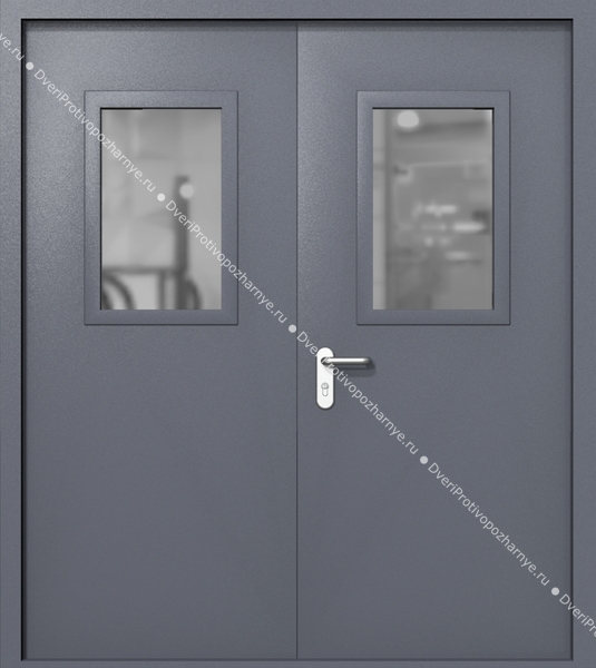 Двупольная дверь ei-60 со стеклами 600x400 и ручками хром (цвет темно-серый RAL 7015)