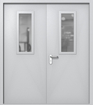 Двупольная дверь ei-60 со стеклами 700x300 и ручками хром (цвет светло-серый RAL 7047)