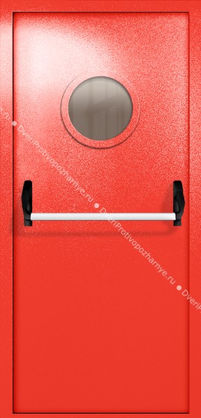 Однопольная дверь ei-60 с круглым стеклом и ручкой «антипаника» (цвет красный RAL 3020)