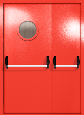Полуторапольная дверь ei-60 с круглым стеклом и ручками «антипаника» (цвет красный RAL 3020) Полуторапольная дверь ei-60 с круглым стеклом и ручками «антипаника» (цвет красный RAL 3020)